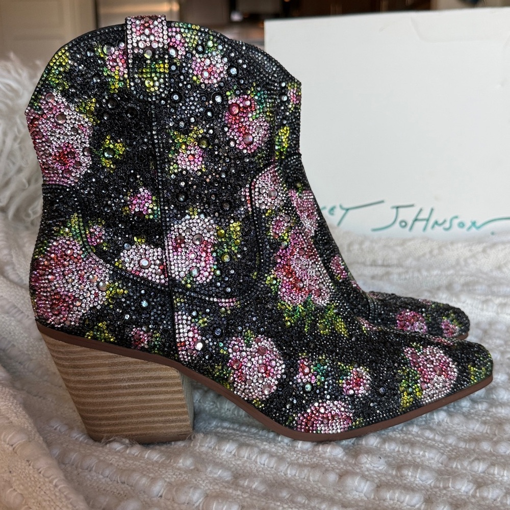 Betsey Johnson Floral Rhinestone Embellished Ankle Boots